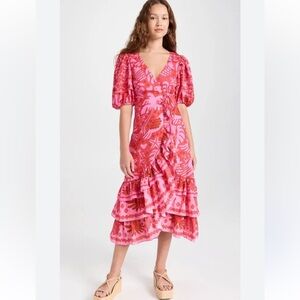 FARM Rio Jungle Scarf Red Pink Printed Wrap Midi Dress with Ruffle Tiers - XS